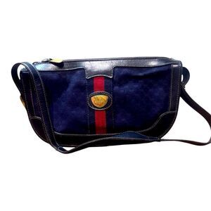 Gucci Vintage Navy Blue Canvas & Leather Sherry Line Messenger Bag Monogram Auth